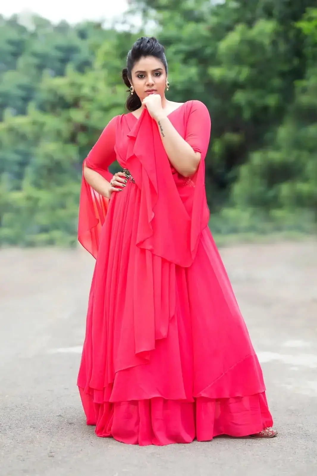 South Indian Television Actress Sreemukhi in Long Red Gown